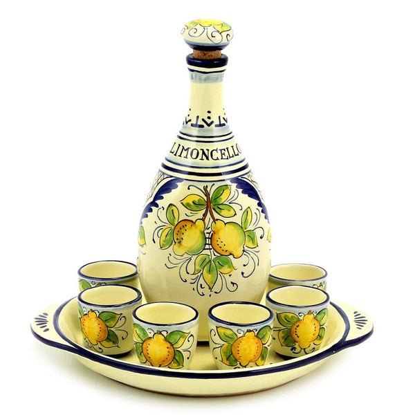 LIMONCELLO: LIMONCELLO SET WITH BLUE TRIMMINGS (BOTTLE WITH STOPPER AND TRAY AND 6 SHOT GLASSES)