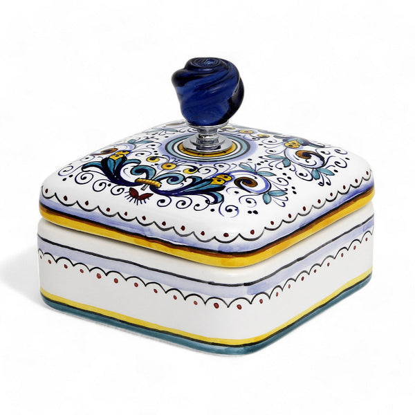 JEWERLY BOX: Authentic Deruta Keepsake Square Box with Murano Knob - RICCO DERUTA design