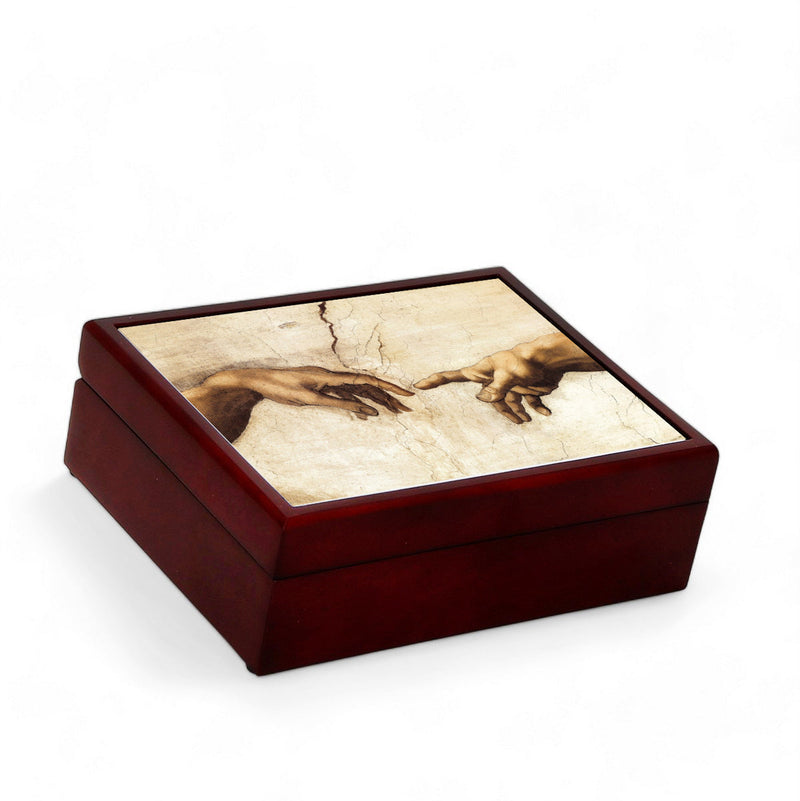 WOOD BOXES COLLECTION: Lined large wood box with printed tile - Opera "Detail of The Creation of Adam" by Michelangelo Buonarroti