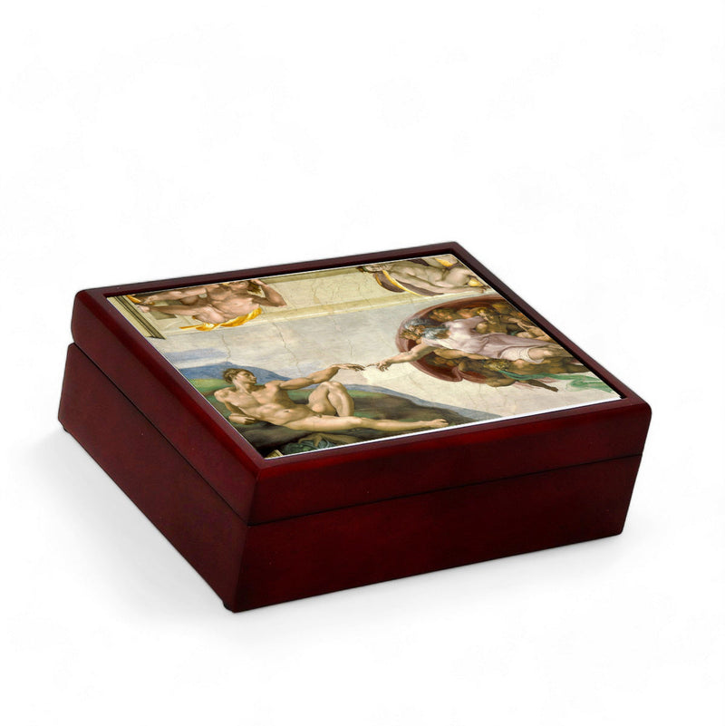 WOOD BOXES COLLECTION: Lined large wood box with printed tile - Opera "The Creation of Adam" by Michelangelo Buonarroti