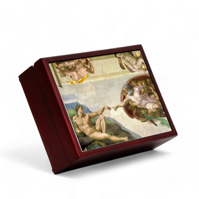 WOOD BOXES COLLECTION: Lined large wood box with printed tile - Opera "The Creation of Adam" by Michelangelo Buonarroti