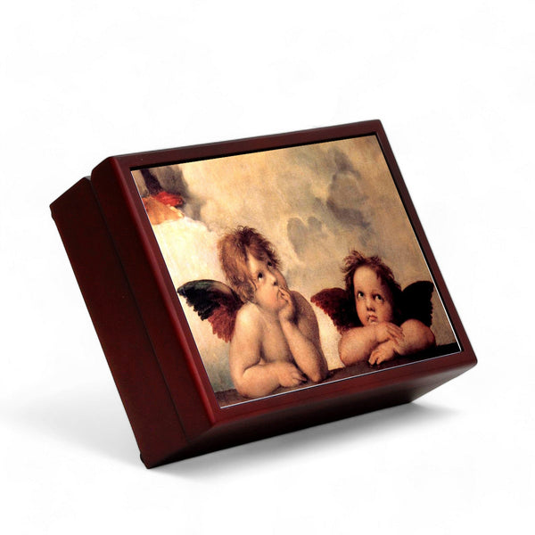 WOOD BOXES COLLECTION: Lined large wood box with printed tile - Opera "Angel and Cherubs" by Raphael