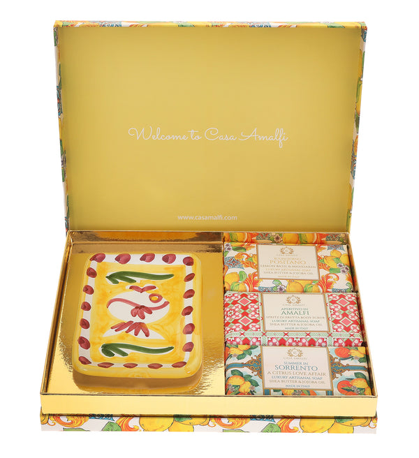 Casa Amalfi Lemon Maiolica Gift Box: 3 Soaps + Ceramic Soap Dish