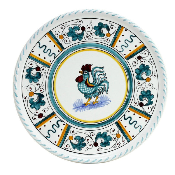ORVIETO GREEN ROOSTER: Deruta Pizza Plate - Cake or Cheese Platter.