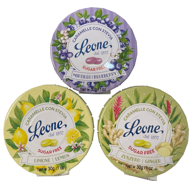 Leone 3-pack Sugar-Free: Blueberry, Lemon, Ginger Round Tin