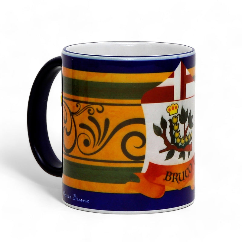 PALIO DI SIENA: Porcelain printed mug - Blue Handle & Rim - Design by Mario Bruno - BRUCO (Caterpillar)