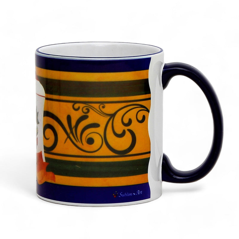 PALIO DI SIENA: Porcelain printed mug - Blue Handle & Rim - Design by Mario Bruno - BRUCO (Caterpillar)
