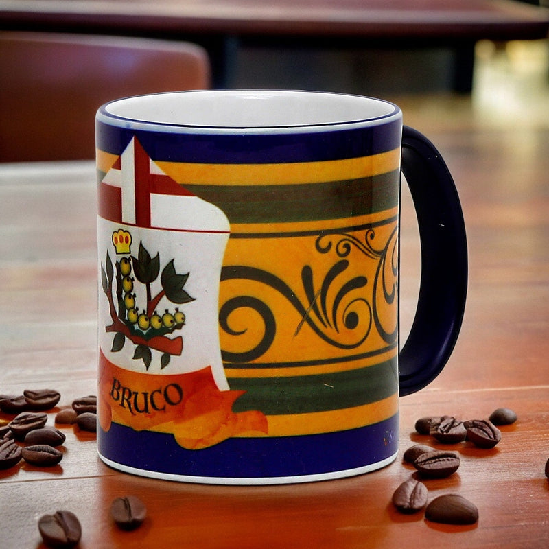 PALIO DI SIENA: Porcelain printed mug - Blue Handle & Rim - Design by Mario Bruno - BRUCO (Caterpillar)