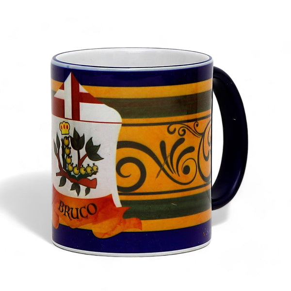 PALIO DI SIENA: Porcelain printed mug - Blue Handle & Rim - Design by Mario Bruno - BRUCO (Caterpillar)