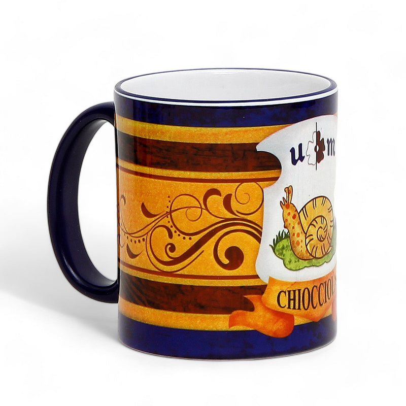 PALIO DI SIENA: Porcelain printed mug - Blue Handle & Rim - Design by Mario Bruno - CHIOCCIOLA (Snail)