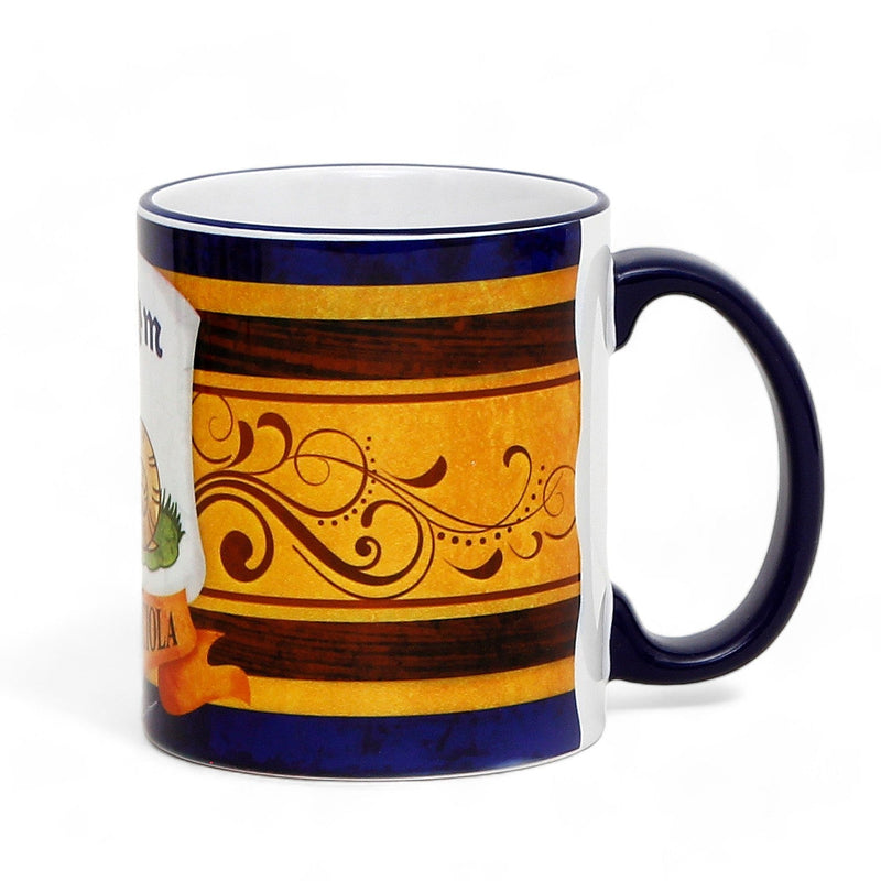 PALIO DI SIENA: Porcelain printed mug - Blue Handle & Rim - Design by Mario Bruno - CHIOCCIOLA (Snail)