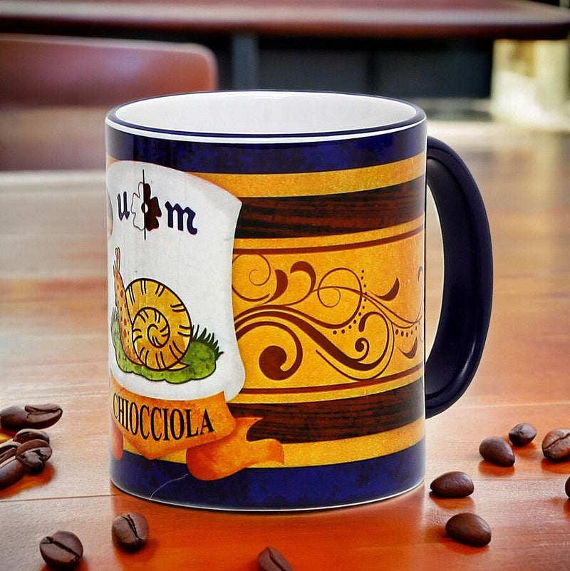 PALIO DI SIENA: Porcelain printed mug - Blue Handle & Rim - Design by Mario Bruno - CHIOCCIOLA (Snail)