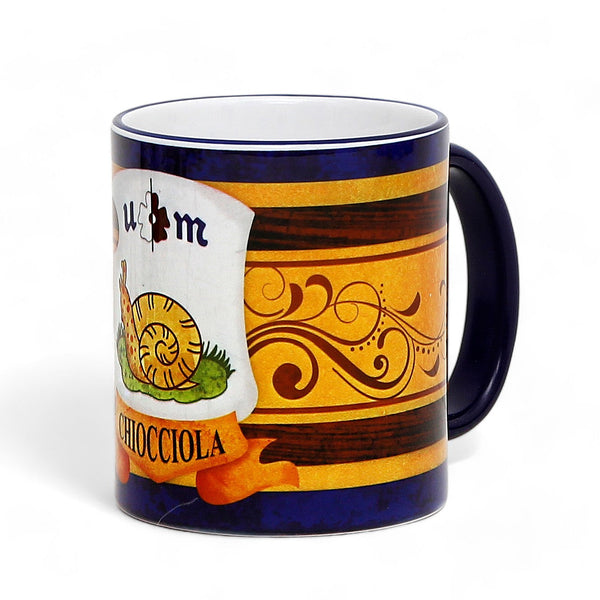 PALIO DI SIENA: Porcelain printed mug - Blue Handle & Rim - Design by Mario Bruno - CHIOCCIOLA (Snail)