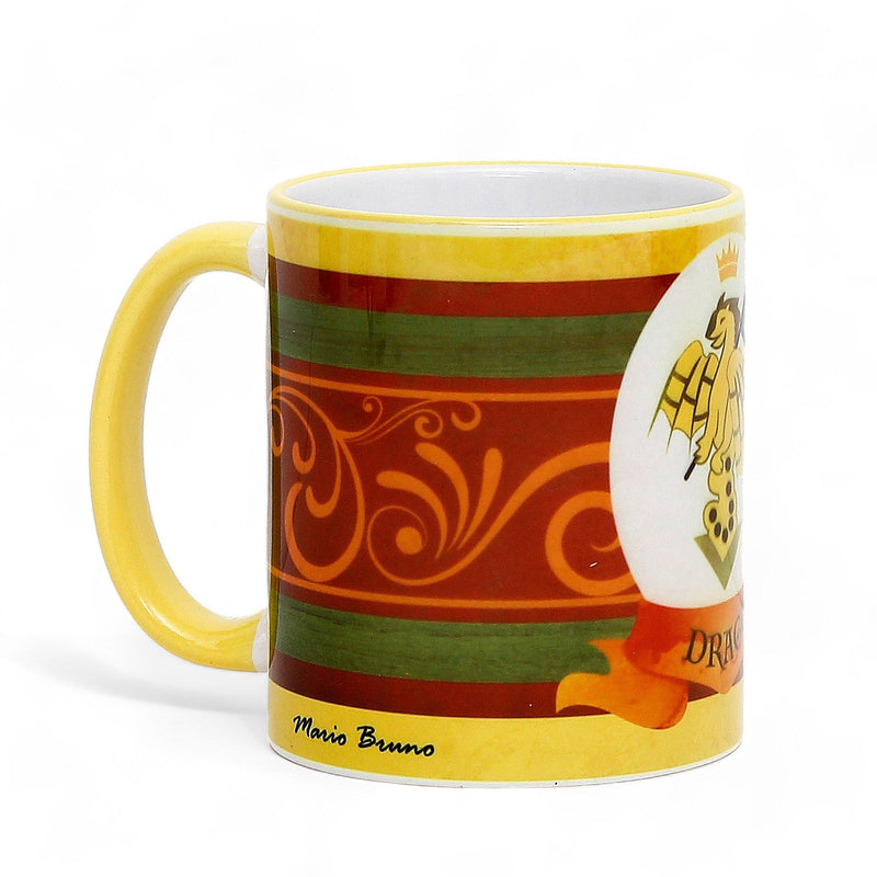 PALIO DI SIENA: Porcelain printed mug - Yellow Handle & Rim - Design by Mario Bruno - DRAGO (Dragon)