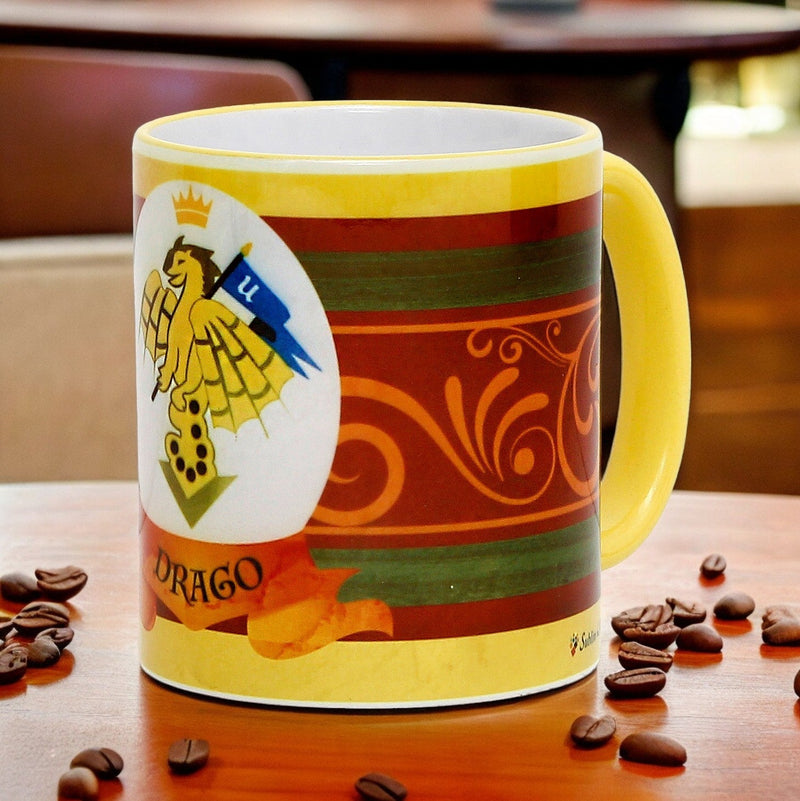 PALIO DI SIENA: Porcelain printed mug - Yellow Handle & Rim - Design by Mario Bruno - DRAGO (Dragon)