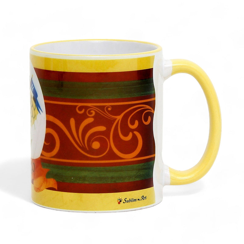 PALIO DI SIENA: Porcelain printed mug - Yellow Handle & Rim - Design by Mario Bruno - DRAGO (Dragon)