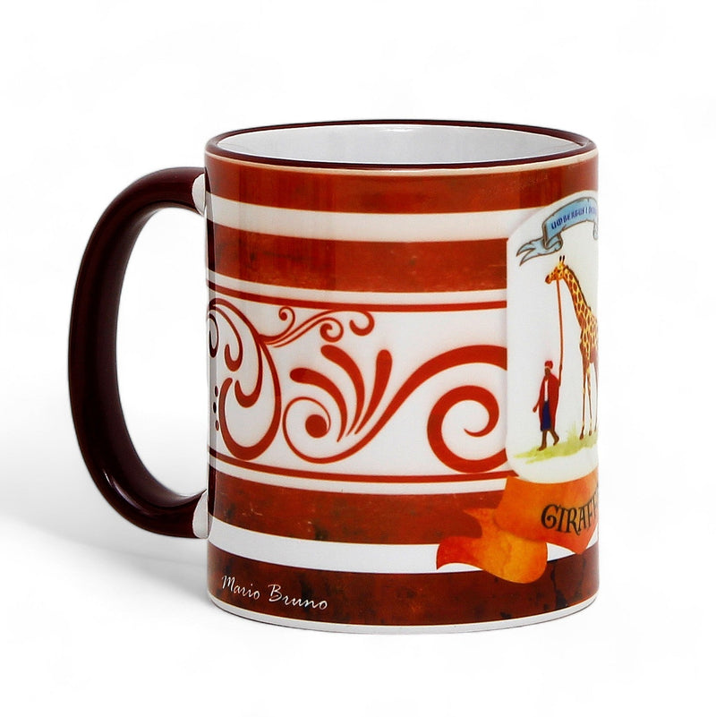 PALIO DI SIENA: Porcelain printed mug - Brown Handle & Rim - Design by Mario Bruno - GIRAFFA (Giraffe)