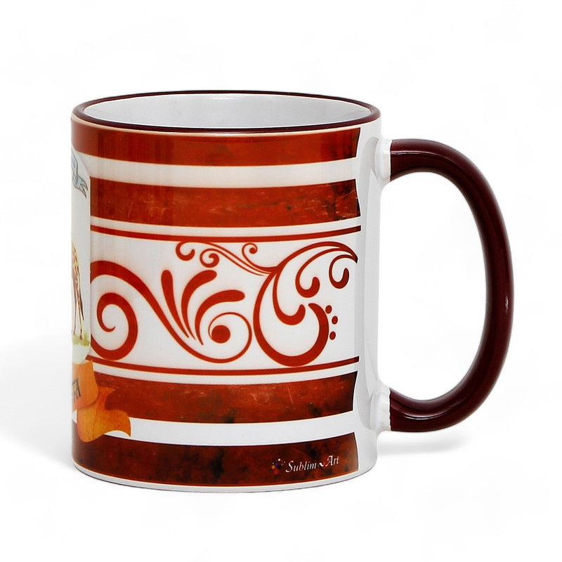 PALIO DI SIENA: Porcelain printed mug - Brown Handle & Rim - Design by Mario Bruno - GIRAFFA (Giraffe)