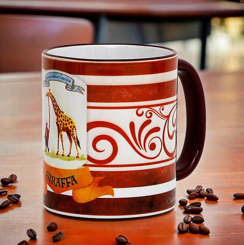 PALIO DI SIENA: Porcelain printed mug - Brown Handle & Rim - Design by Mario Bruno - GIRAFFA (Giraffe)