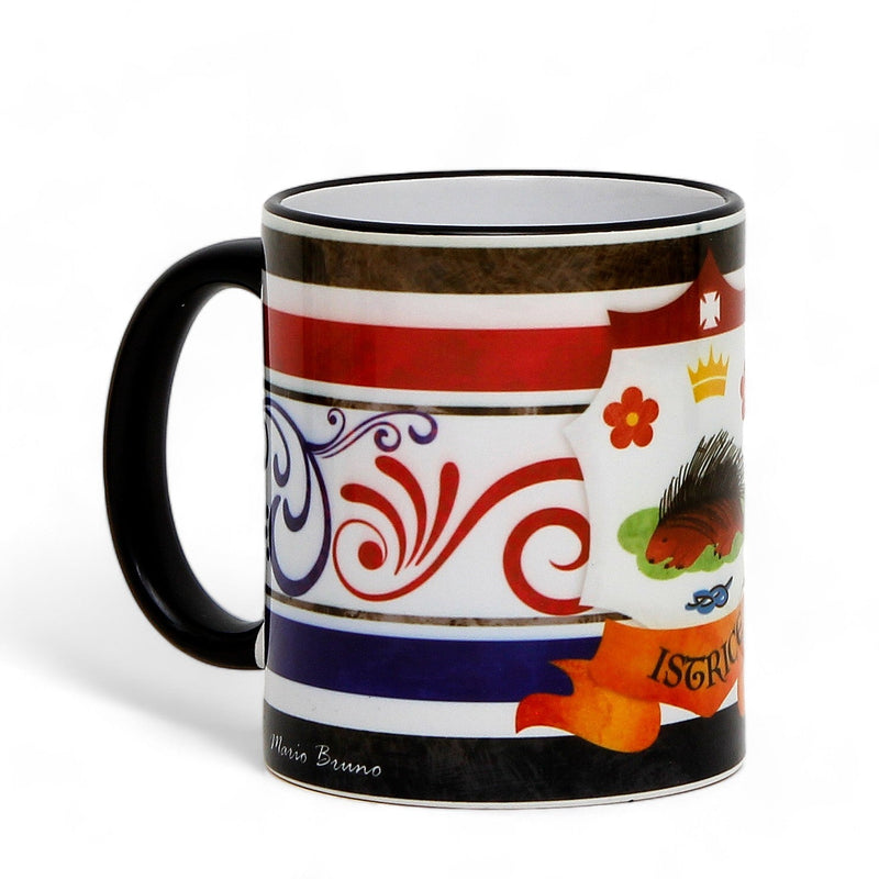 PALIO DI SIENA: Porcelain printed mug - Black Handle & Rim - Design by Mario Bruno - ISTRICE (Porcupine)