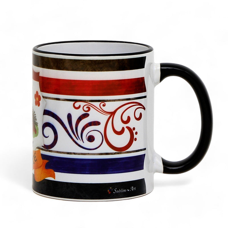 PALIO DI SIENA: Porcelain printed mug - Black Handle & Rim - Design by Mario Bruno - ISTRICE (Porcupine)