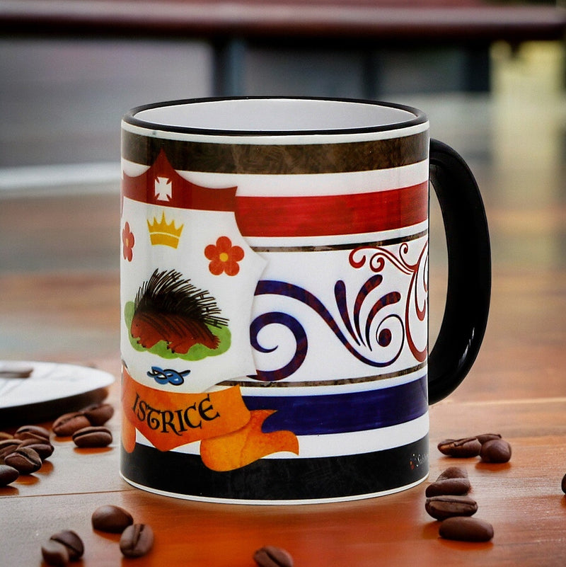 PALIO DI SIENA: Porcelain printed mug - Black Handle & Rim - Design by Mario Bruno - ISTRICE (Porcupine)