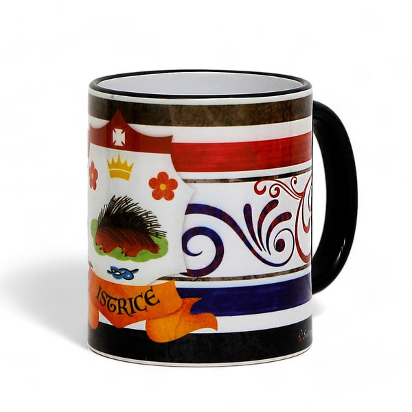 PALIO DI SIENA: Porcelain printed mug - Black Handle & Rim - Design by Mario Bruno - ISTRICE (Porcupine)