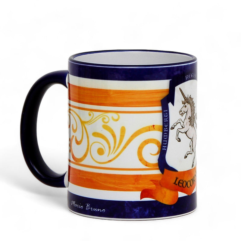 PALIO DI SIENA: Porcelain printed mug - Blue Handle & Rim - Design by Mario Bruno - LEOCORNO (Unicorn)