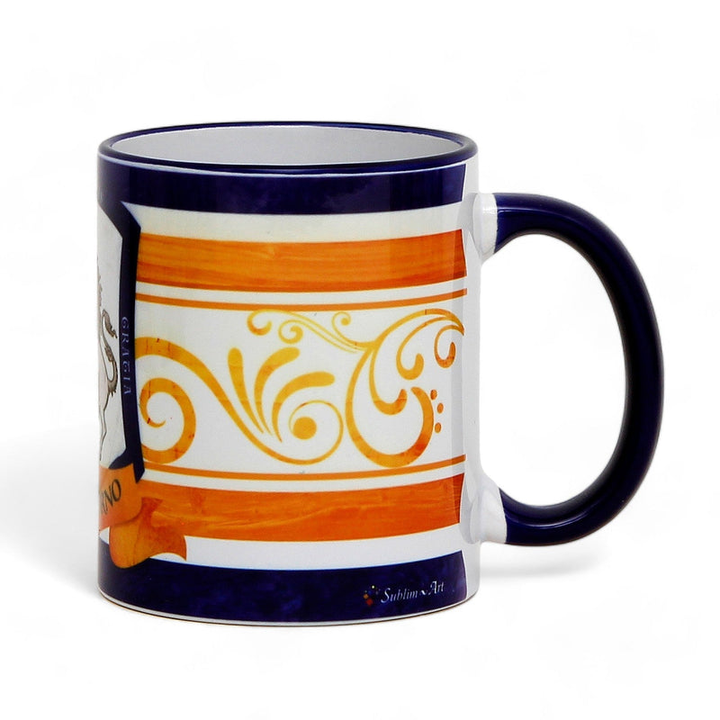 PALIO DI SIENA: Porcelain printed mug - Blue Handle & Rim - Design by Mario Bruno - LEOCORNO (Unicorn)