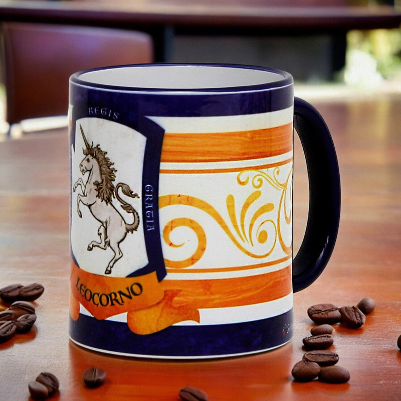 PALIO DI SIENA: Porcelain printed mug - Blue Handle & Rim - Design by Mario Bruno - LEOCORNO (Unicorn)
