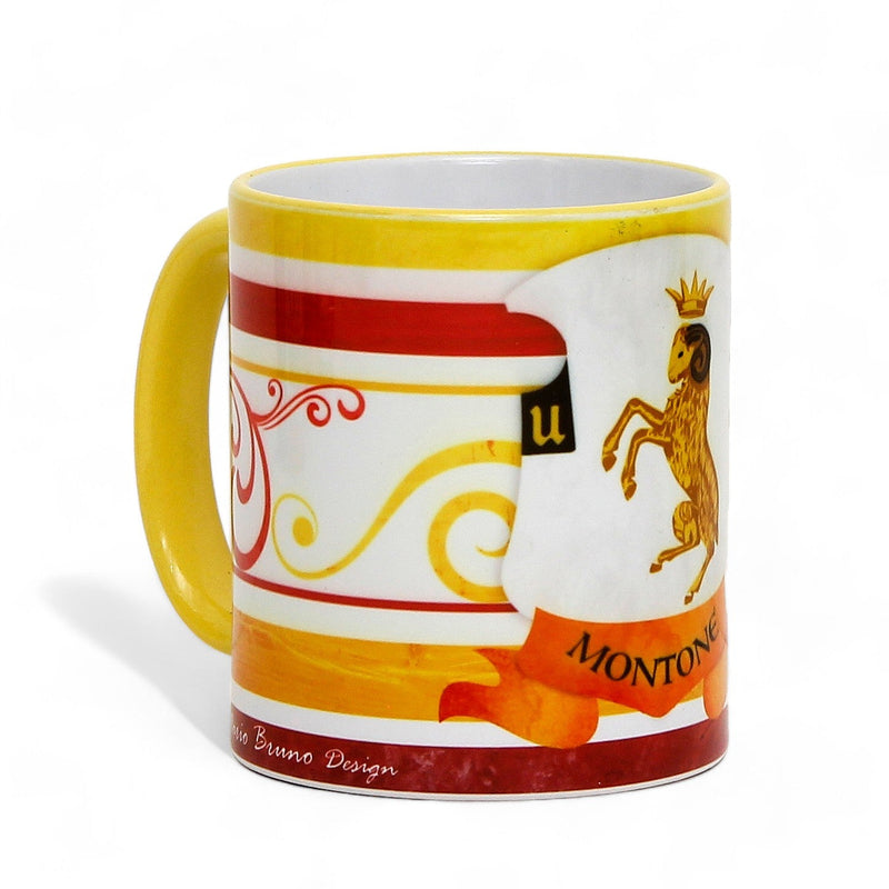 PALIO DI SIENA: Porcelain printed mug - Yellow Handle & Rim - Design by Mario Bruno - MONTONE (Ram)