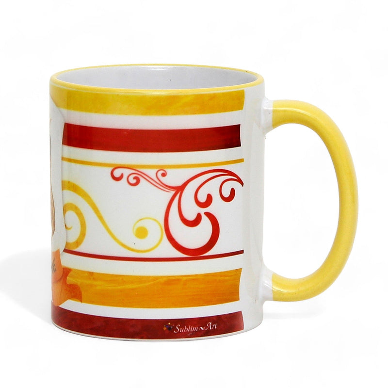 PALIO DI SIENA: Porcelain printed mug - Yellow Handle & Rim - Design by Mario Bruno - MONTONE (Ram)