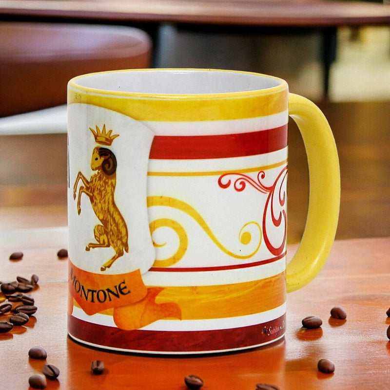 PALIO DI SIENA: Porcelain printed mug - Yellow Handle & Rim - Design by Mario Bruno - MONTONE (Ram)