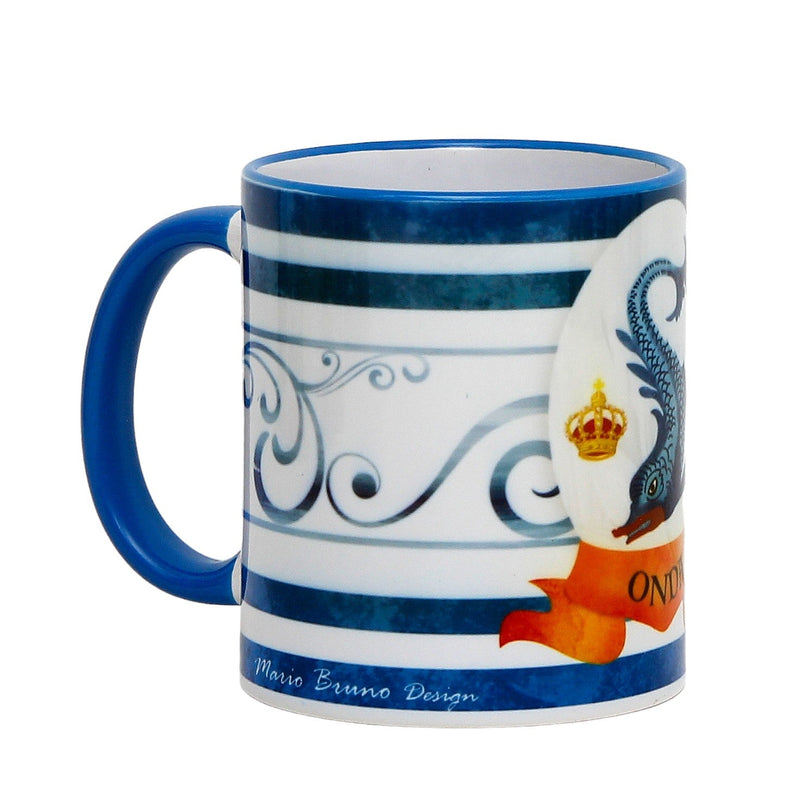 PALIO DI SIENA: Porcelain printed mug - Capri Blue Handle & Rim - Design by Mario Bruno - ONDA (Dolphin)