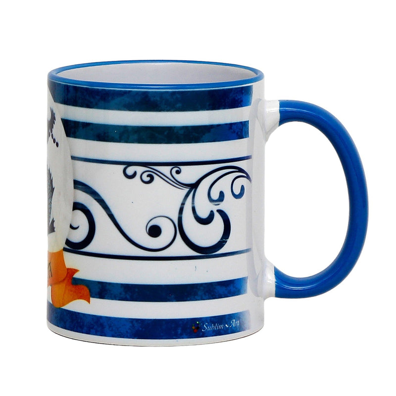 PALIO DI SIENA: Porcelain printed mug - Capri Blue Handle & Rim - Design by Mario Bruno - ONDA (Dolphin)