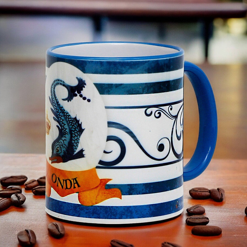 PALIO DI SIENA: Porcelain printed mug - Capri Blue Handle & Rim - Design by Mario Bruno - ONDA (Dolphin)