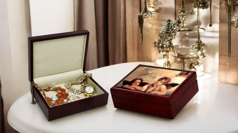 WOOD BOXES COLLECTION: Lined large wood box with printed tile - Opera "Angel and Cherubs" by Raphael
