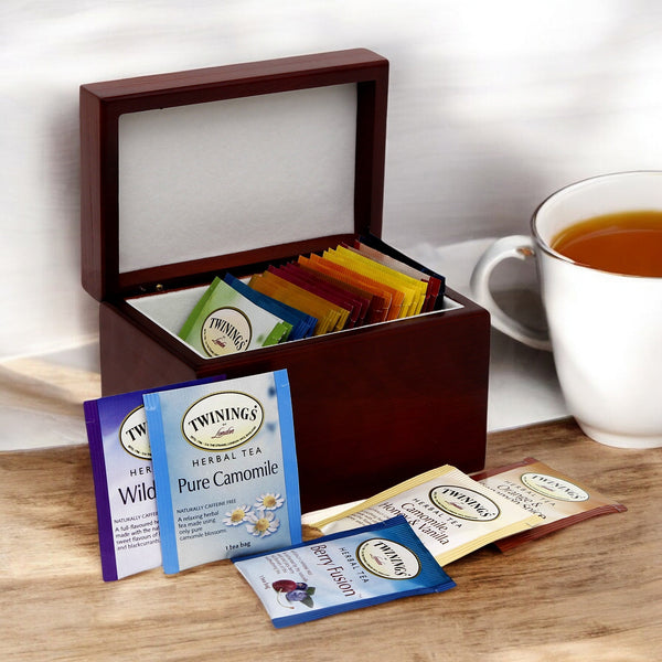 WOOD BOX: Lined Tea Bags Wood Box with printed tile lid - Opera "Gold+Black Carrara Marble"
