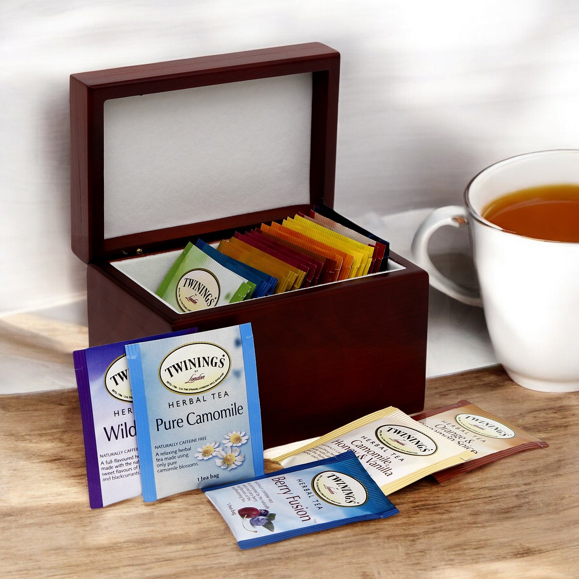 WOOD BOX: Lined Tea Bags Wood Box with printed tile lid - Opera 