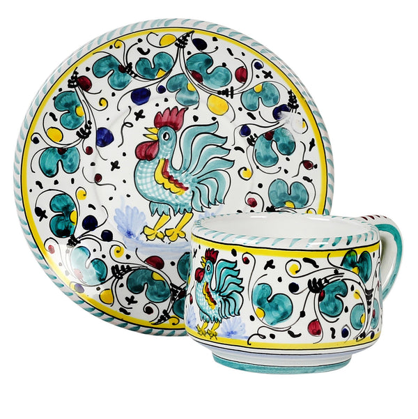 ORVIETO GREEN ROOSTER: Tea/Coffee Cup and Saucer