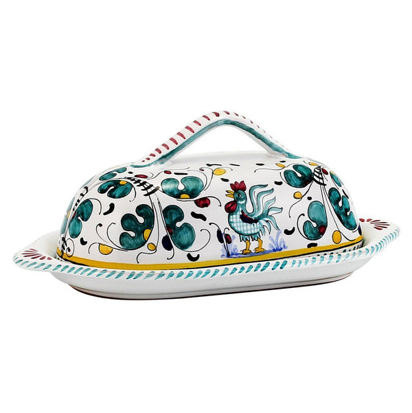 ORVIETO GREEN ROOSTER: Butter Dish w cover