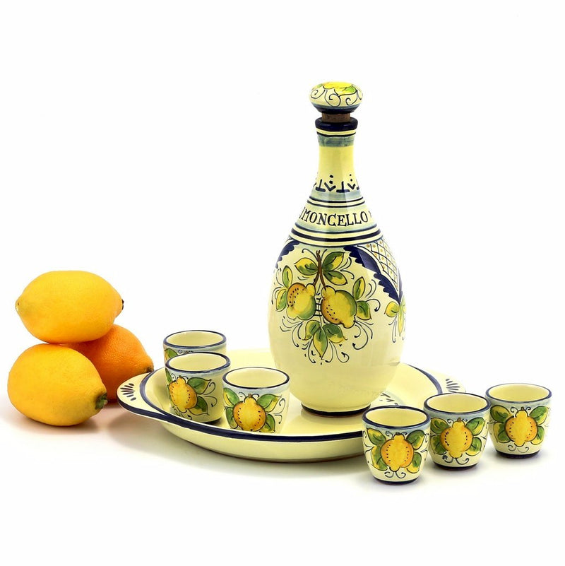 LIMONCELLO: LIMONCELLO SET WITH BLUE TRIMMINGS (BOTTLE WITH STOPPER AND TRAY AND 6 SHOT GLASSES)