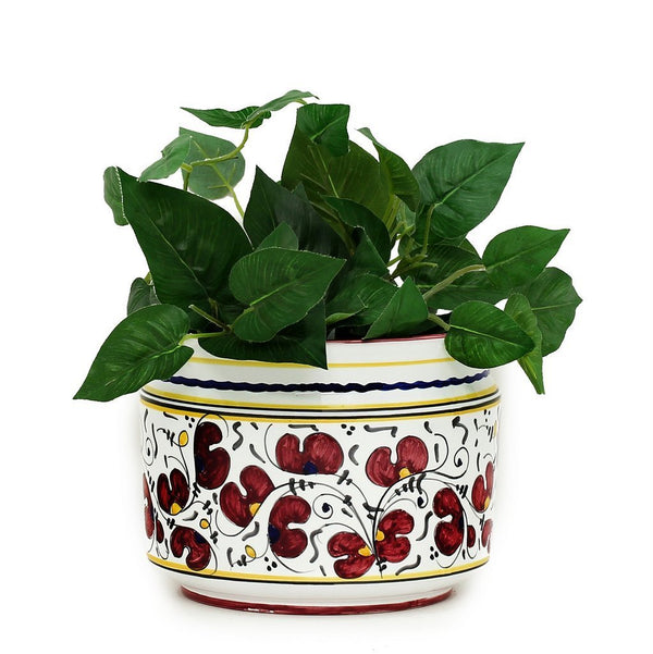 ORVIETO RED ROOSTER: Cylindrical Cover Pot - Cachepot Planter (Small)