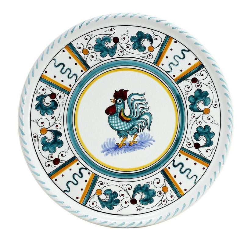 ORVIETO GREEN ROOSTER: Deruta Pizza Plate - Cake or Cheese Platter.
