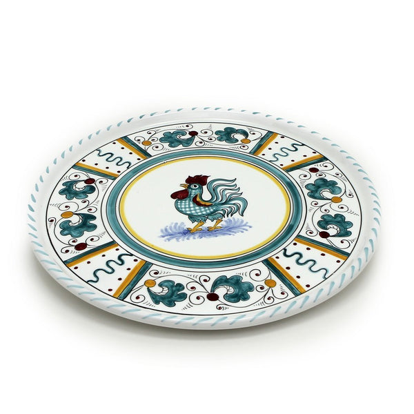 ORVIETO GREEN ROOSTER: Deruta Pizza Plate - Cake or Cheese Platter.