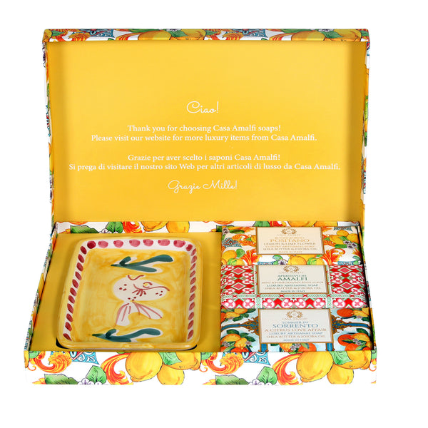Casa Amalfi Lemon Maiolica Gift Box: 3 Soaps + Ceramic Soap Dish